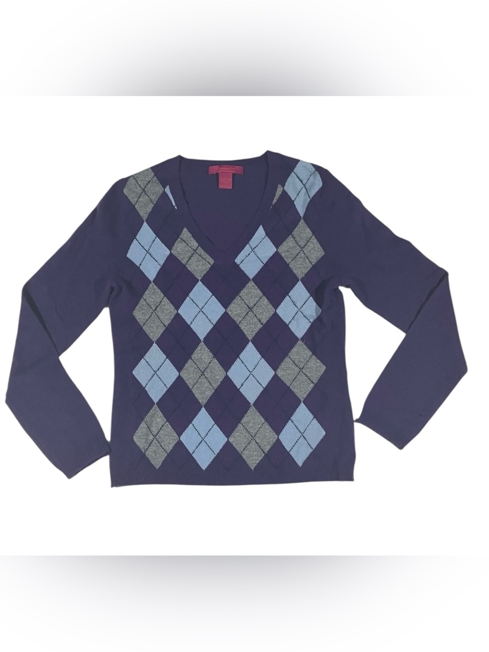 Womens 100% Cashmere Argyle Sweater Porole Grey V Neck Chasmere Cache Small